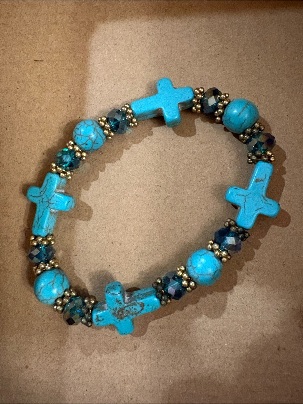 Turquoise Cross Stretch Bracelet with Gold & Dark Beads - Women Jewelry
